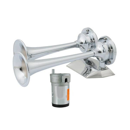AFI 10108 Dual Trumpet Chrome Brass Mini Boat Horn Kit with 12 Volt Compressor