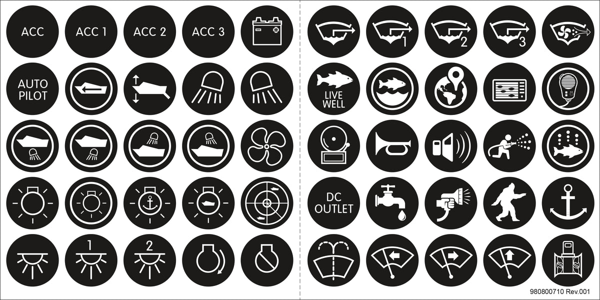 Blue Sea Systems 4230 Push Button Switch Label Kit, Black, 50 Icon Labels