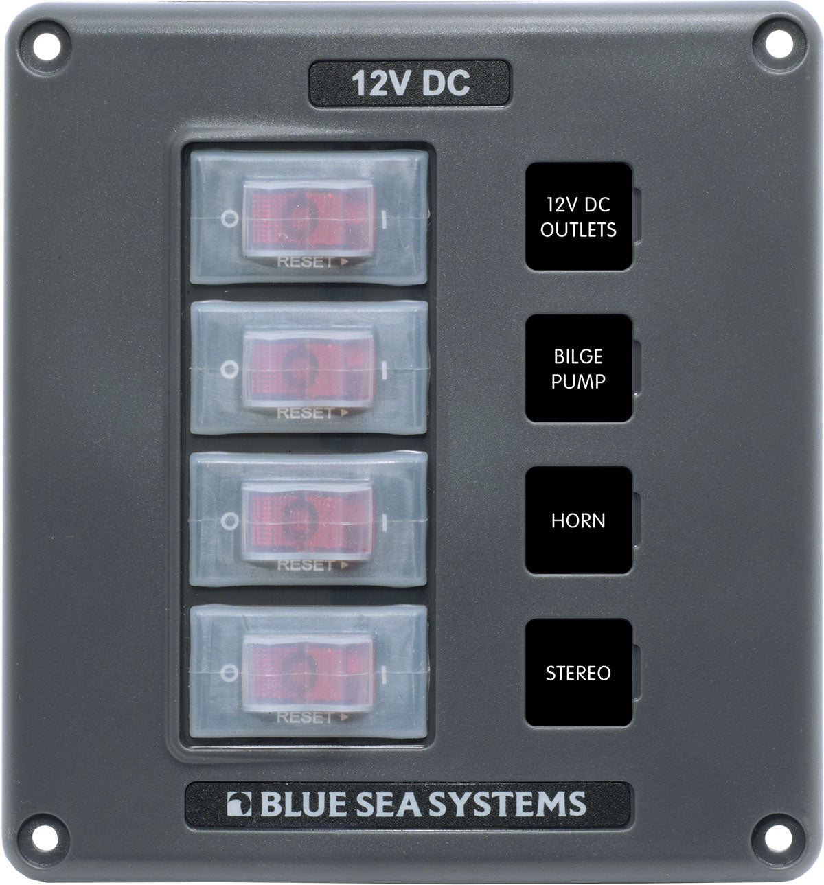 Blue Sea Systems 4320 Contura Water-Resistant Circuit Breaker Switch Panel, 4 Position, Gray