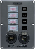 Blue Sea Systems 4321 Circuit Breaker Switch Panel, 4 Position with 12V Socket and Dual USB Charger, Gray