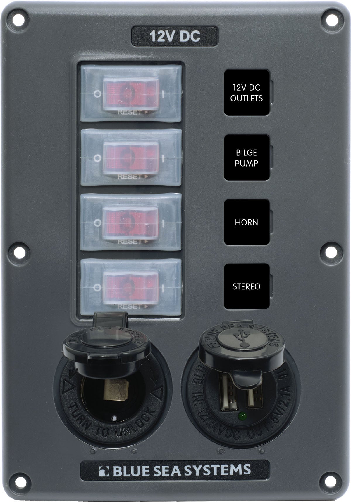 Blue Sea Systems 4321 Circuit Breaker Switch Panel, 4 Position with 12V Socket and Dual USB Charger, Gray