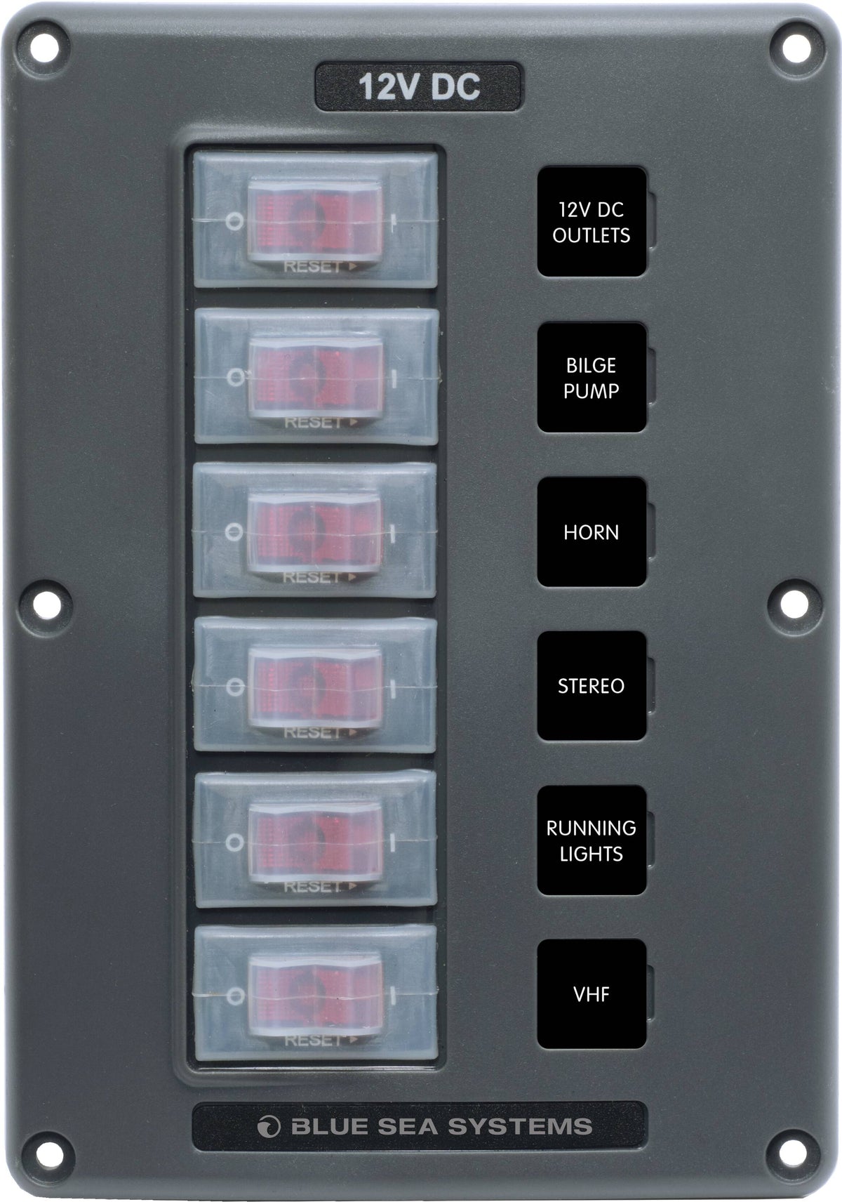 Blue Sea Systems 4322 Water-Resistant Circuit Breaker Switch Panel, 6 Position, Gray, 12V/24V DC