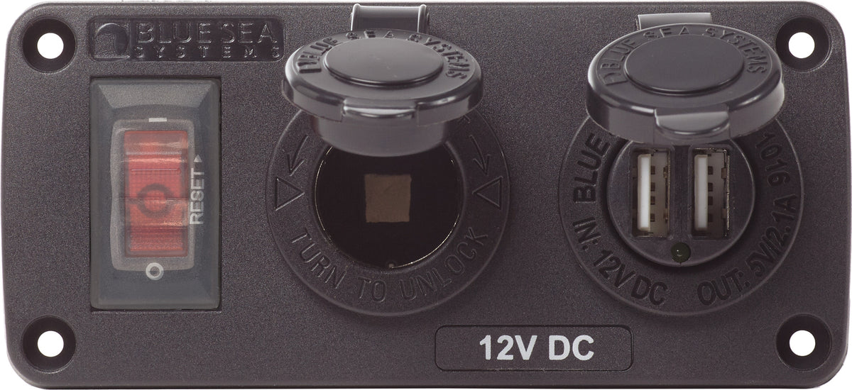 Blue Sea Systems 4363 Accessory Panel, 15A Circuit Breaker, 12V Socket, 2.1A Dual USB Charger