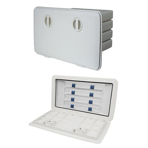 Tempress Tackle Cam Hatch - White, 13 x 23 Inch Cam Hatch with Plano 3700 Tackle Boxes