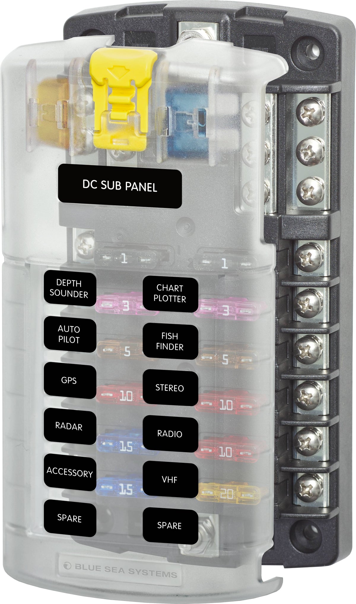 Blue Sea Systems 5026 ST Blade Fuse Block, 12 Circuit with Negative Bus and Cover, 100 Amp