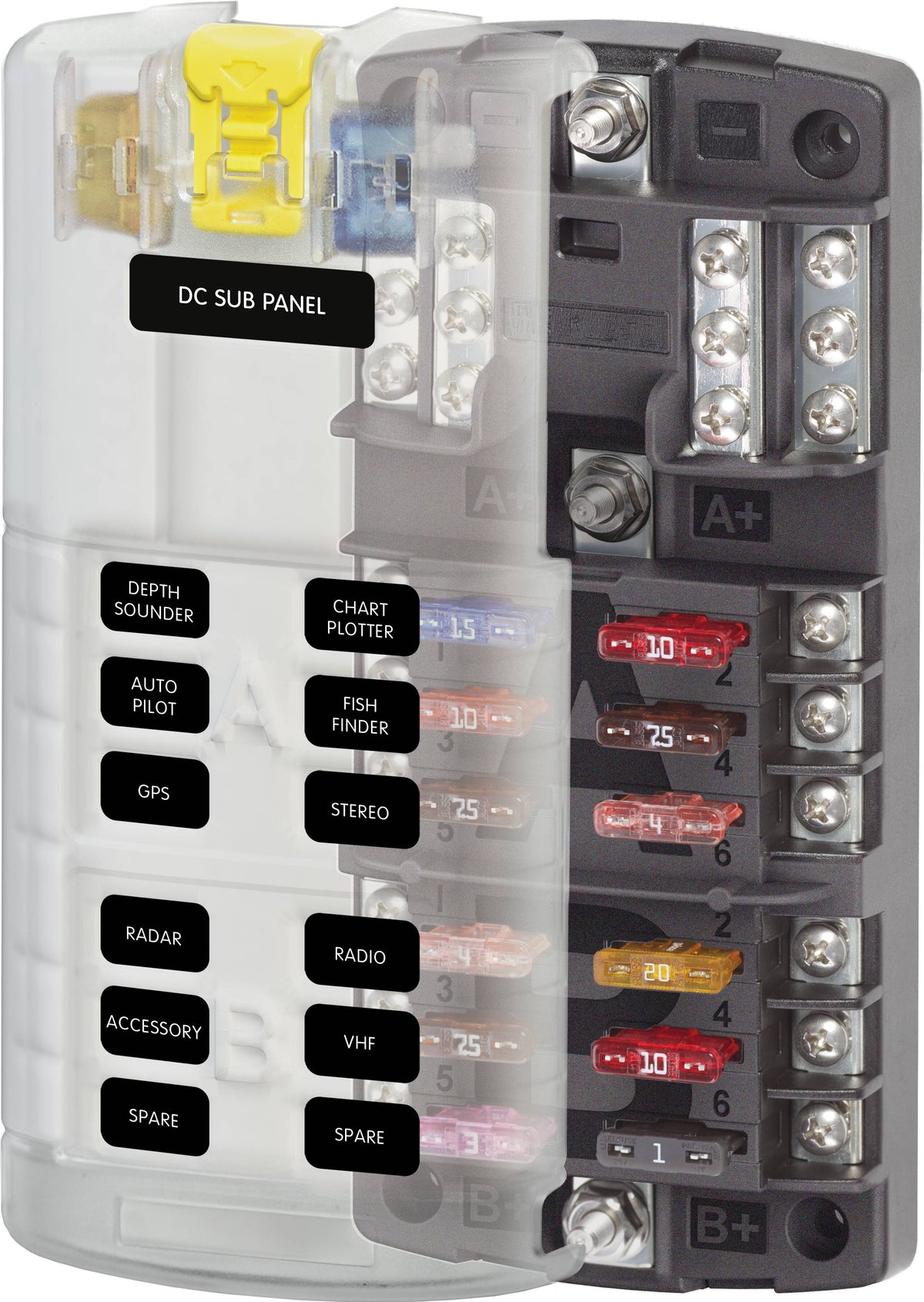 Blue Sea Systems 5032 ST-Blade Split Bus Fuse Block, 12-Circuit Dual with Ground and Cover
