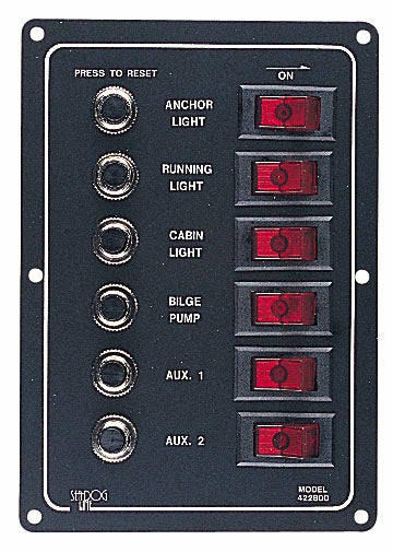 Sea-Dog Aluminum Breaker Panel 422800-1, 6-Circuit 12V DC Switch Panel with Illuminated Rocker Switches