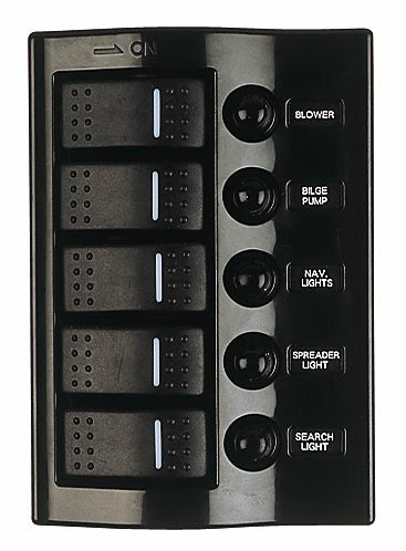 Sea-Dog Wave Rocker Switch Breaker Panel 425800-1, 5-Switch 12VDC Marine Panel with Decals