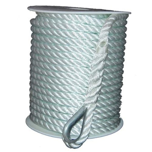 Aamstrand Anchor Line - 3 Strand Twisted Nylon Rope, White, 5/8" Diameter, Available in 250' and 300' Lengths