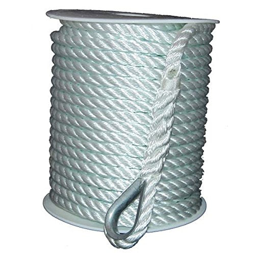 Aamstrand Anchor Line - 3 Strand Twisted Nylon Rope, White, 5/8" Diameter, Available in 250' and 300' Lengths