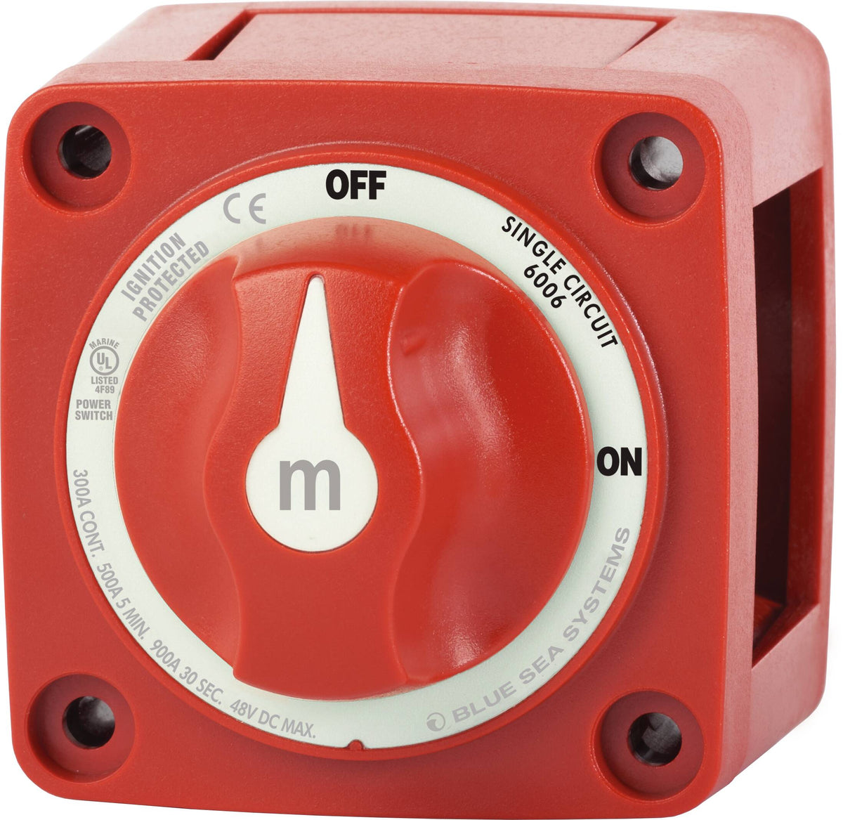 Blue Sea Systems m-Series Battery Switch 6006, ON/OFF with Removable Knob, 300A Continuous, 48V DC, Red