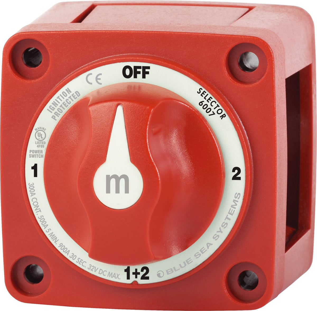 Blue Sea Systems 6007 M-Series 4-Position Mini Selector Battery Switch, 300A Continuous, 32V DC, Red