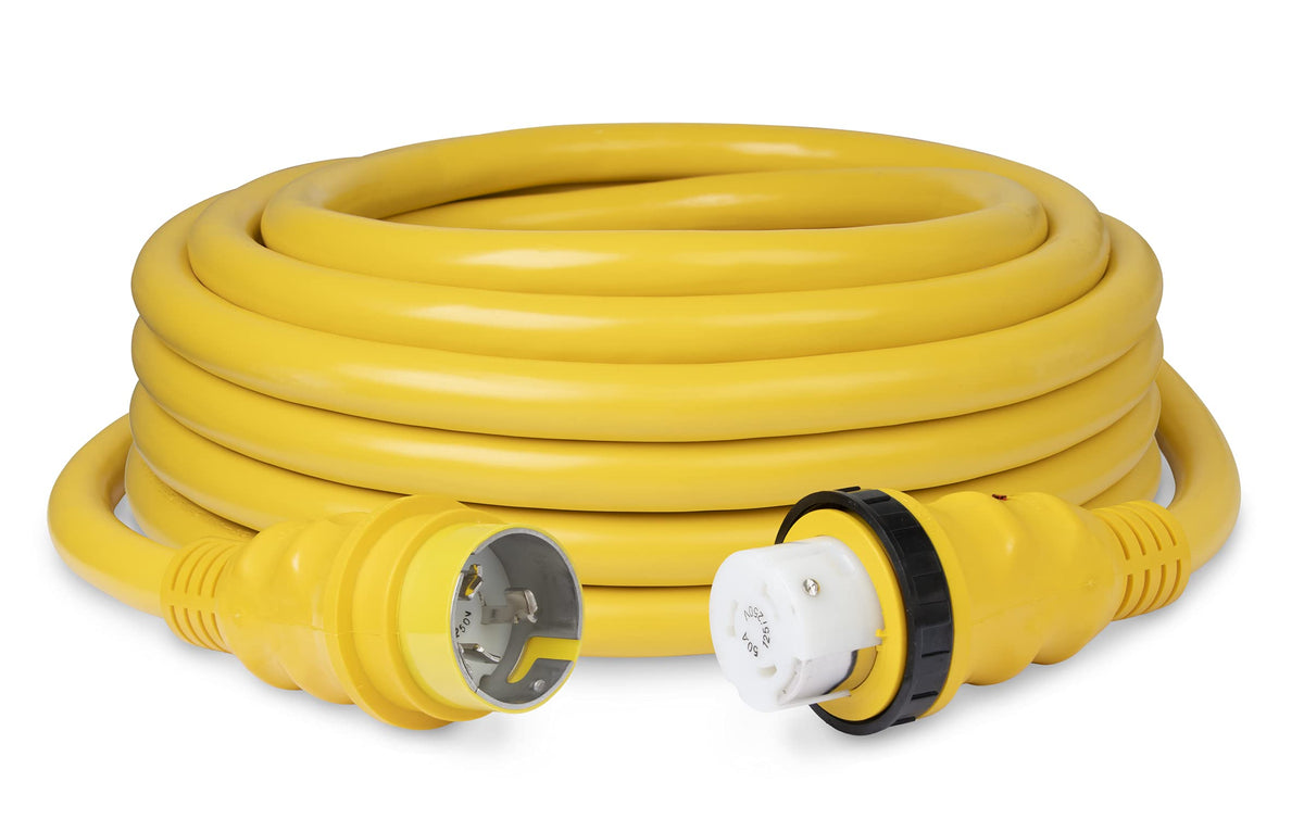 Marinco Shore Power Cordset, 50 Amp 125/250V, Yellow - Available in 25' and 50' Lengths