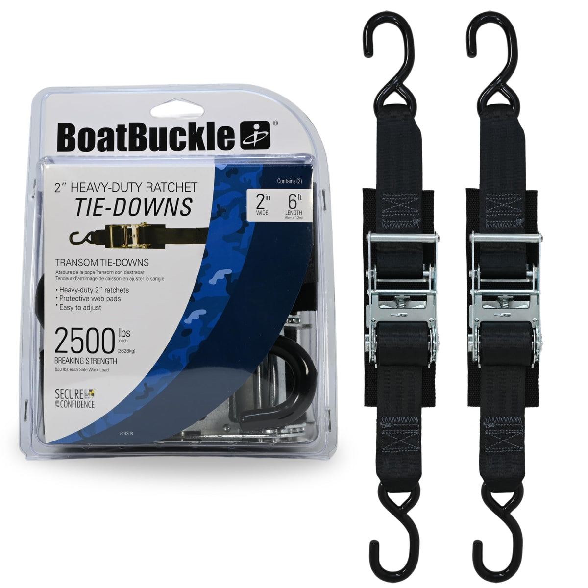BoatBuckle F14208 Ratchet Transom Tie-Down Straps, 2-Inch x 6-Feet, 2-Pack, 2500 Pound Break Strength