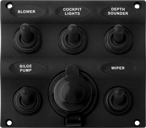 Sea-Dog Water Resistant Toggle Switch Panel with Power Socket, 5 Switches, 12 Volt - 424605-1