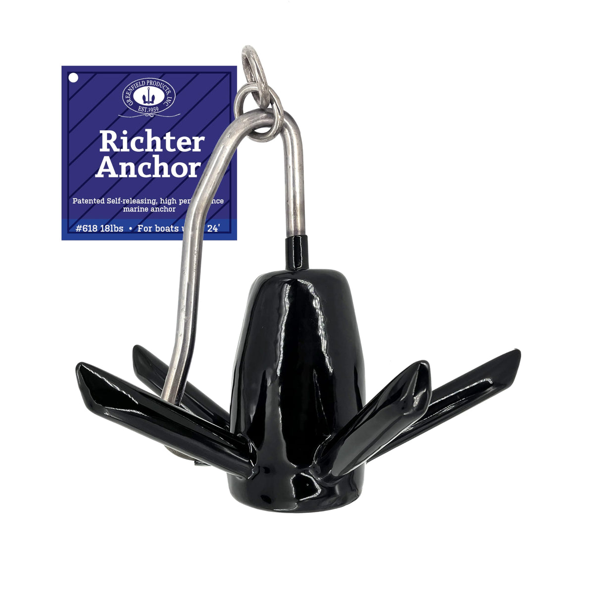 Greenfield Richter Tri-Fluke Boat Anchor - Black Steel Anchor, Available in 14 lb (Boats up to 18') and 18 lb (Boats up to 24')