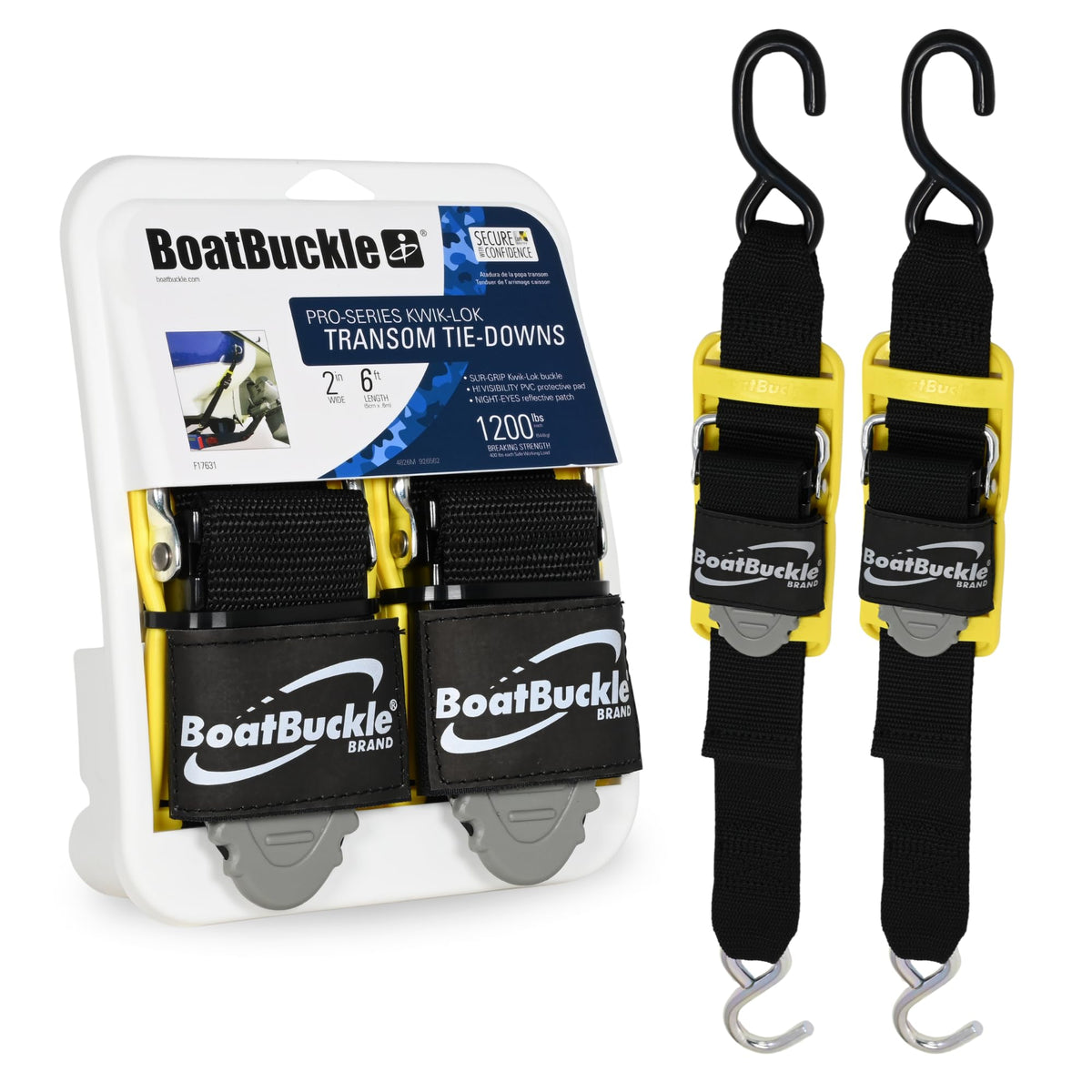 BoatBuckle Pro Series Kwik-Lok Transom Tie-Down, 2-Inch x 6-Foot, 1200 lb Breaking Strength, Pack of 2