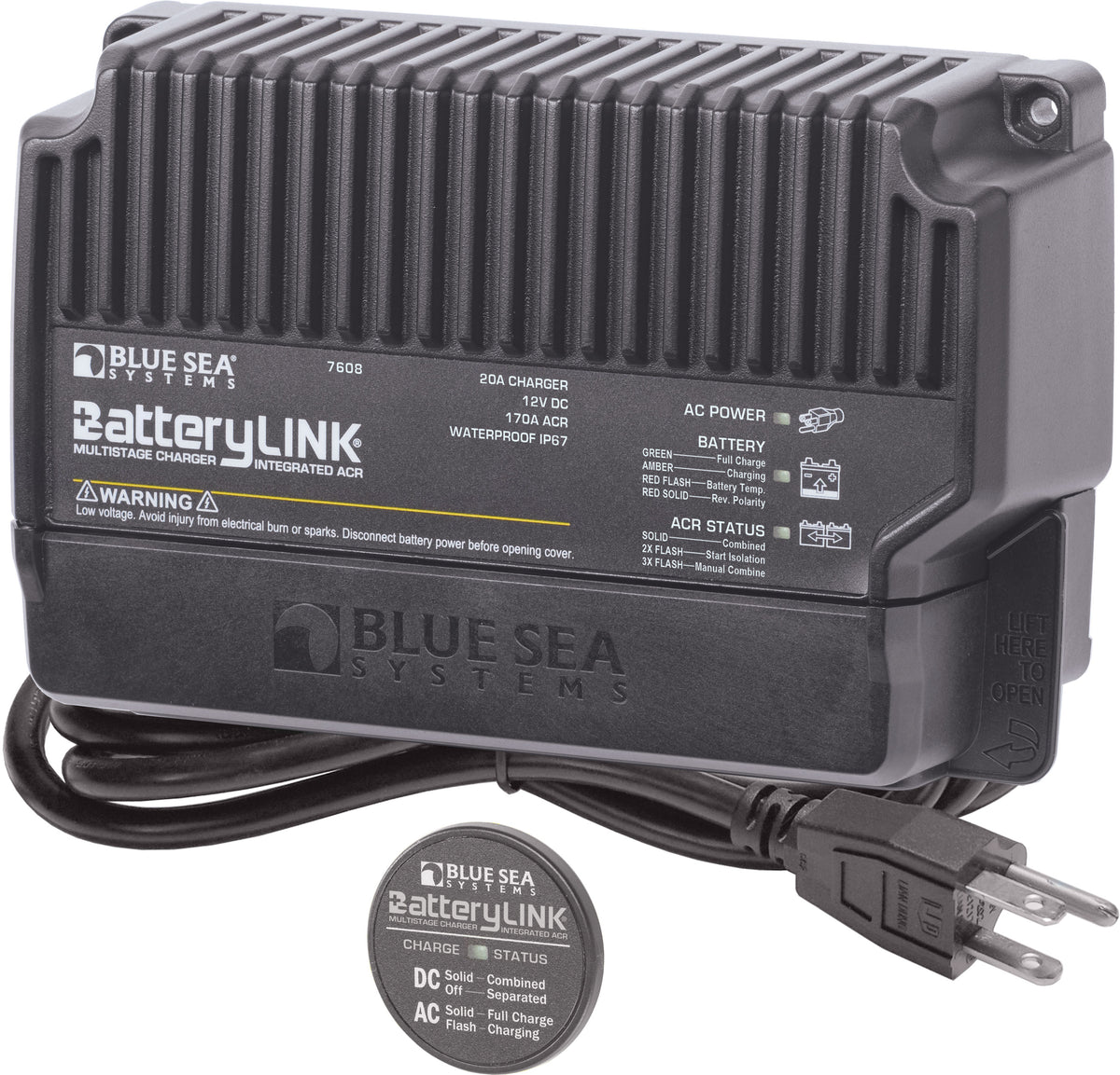 Blue Sea Systems 7608 BatteryLink 20A Battery Charger + 170A ACR, 12V DC 2-Bank