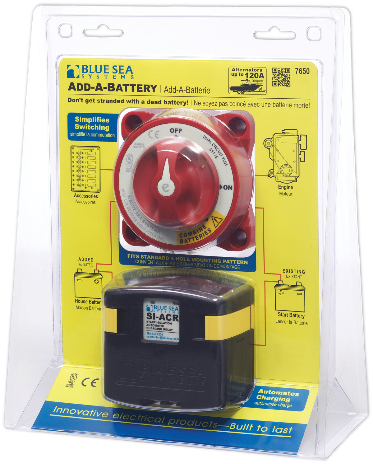 Blue Sea Systems 7650 Add-A-Battery Kit, 120 Amp Dual Circuit System with Automatic Charging Relay