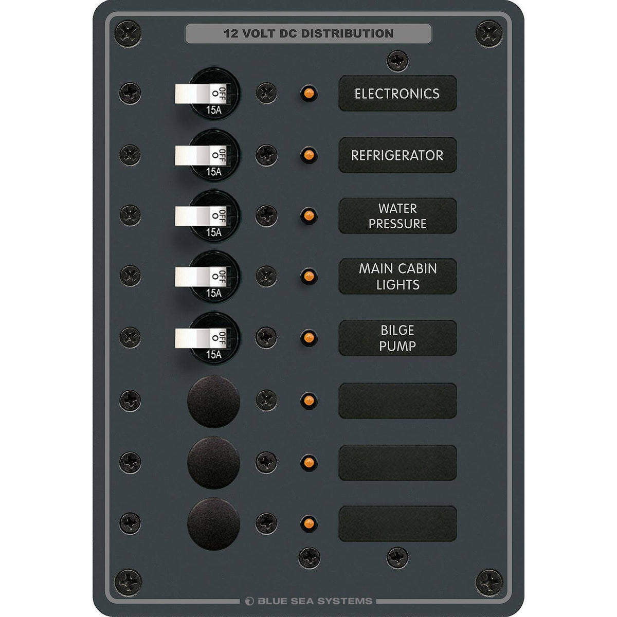 Blue Sea Systems 8023 Traditional Metal DC Panel, 8 Position, 6 x 15A Breakers, 12/24V DC, 100A