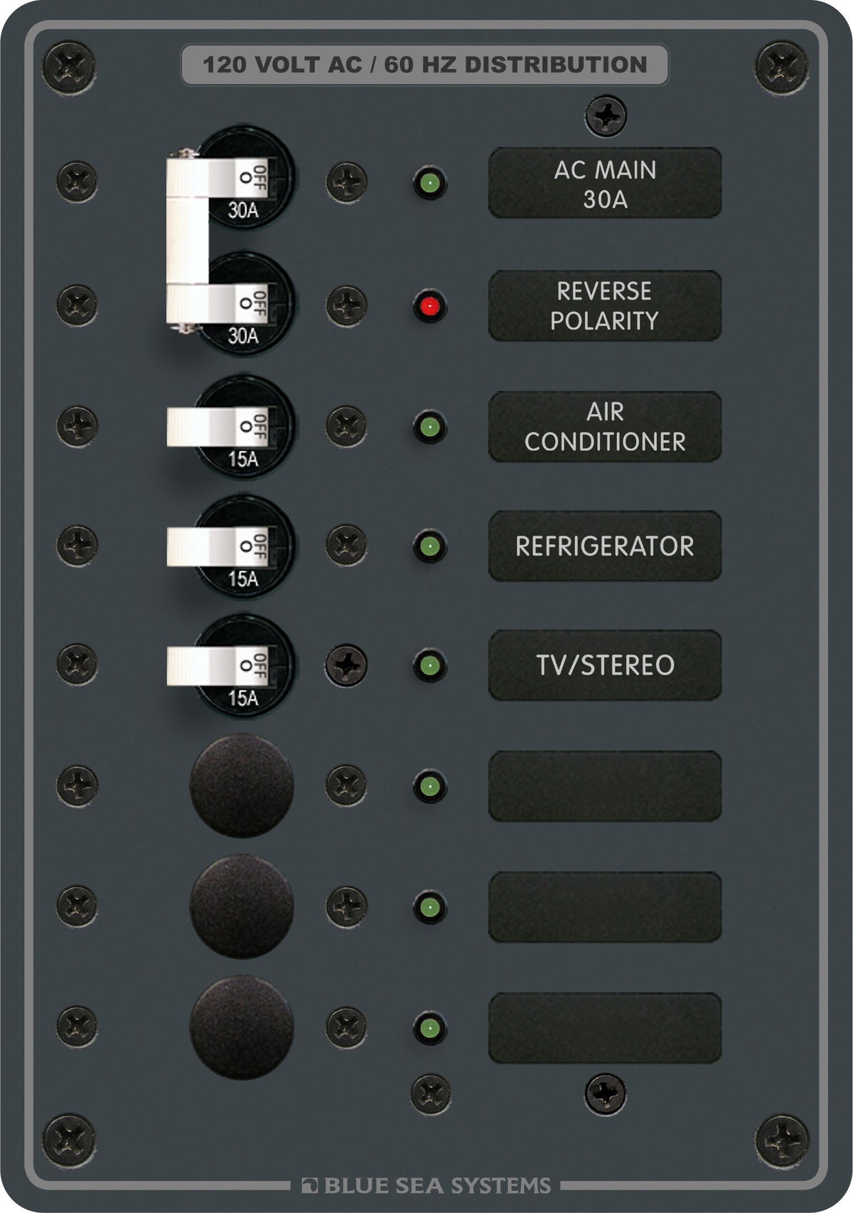 Blue Sea Systems 8027 Traditional Metal AC Distribution Panel, Main + 6 Positions, 120V AC