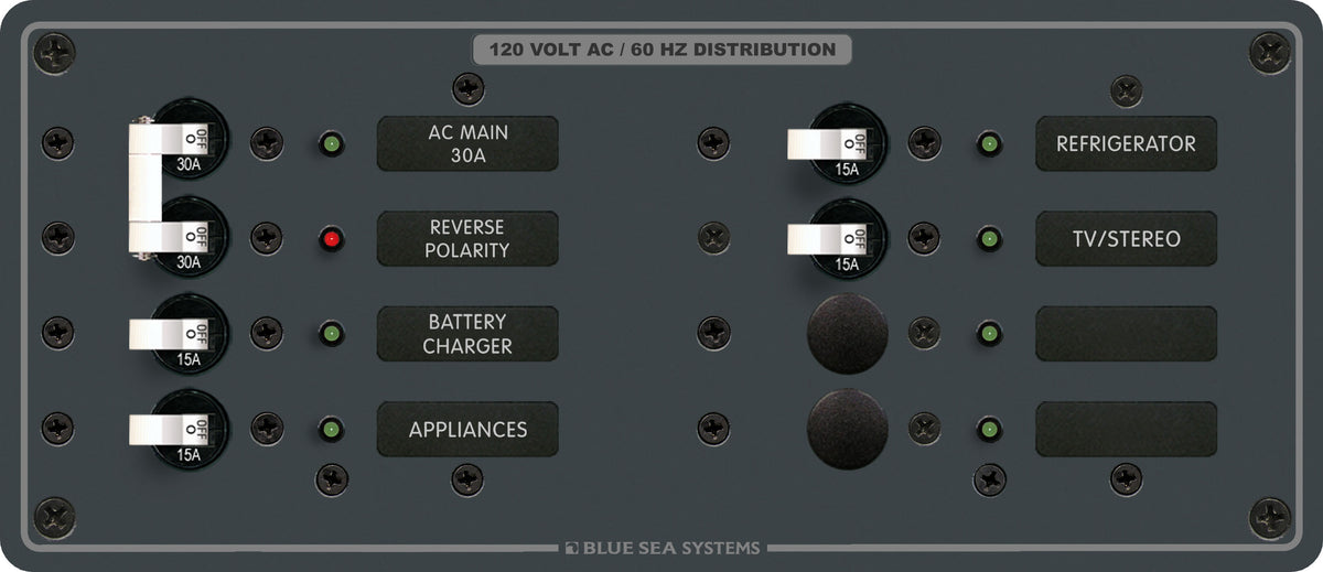 Blue Sea Systems 8412 120V AC Traditional Metal Panel, 30A Main + 4x15A Branch Breakers, 6 Positions