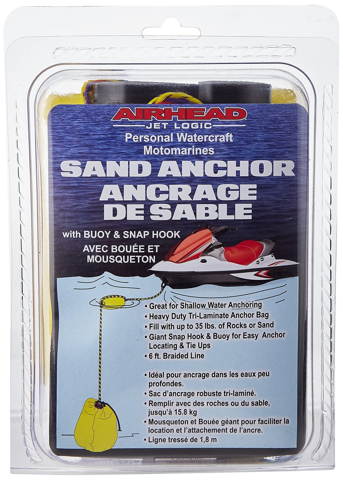 Airhead PWC Sand Anchor & Buoy, 6 ft. Rope, Yellow, Holds 35 lbs of Sand or Rock