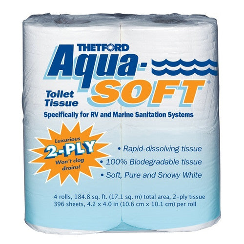 Thetford Aqua-Soft Biodegradable Toilet Tissue, 2-Ply, 4-Pack for RV and Marine Sanitation Systems