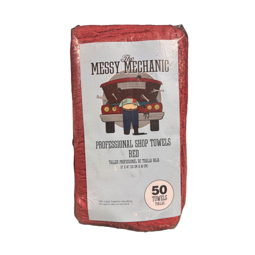 Messy Mechanic Red Shop Towels, 50 Pack, 100% Cotton, 12 x 14 Inch