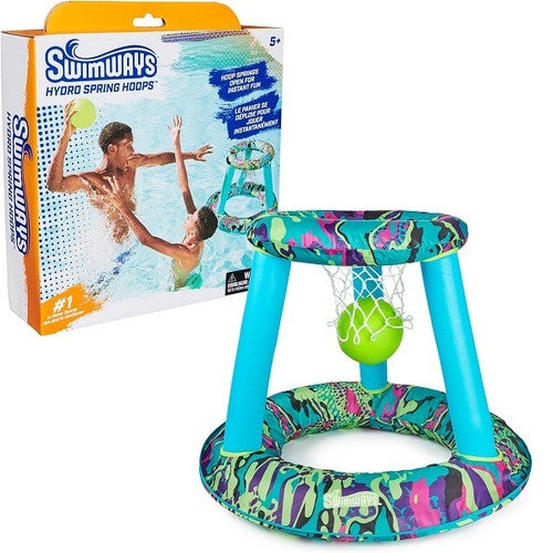 SwimWays Hydro Spring Hoops Inflatable Basketball Set, Floating Basketball Net and Ball for Pool, Ages 5+