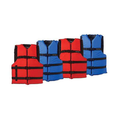 Onyx Adult Universal Life Jacket 4-Pack with Storage Bag - USCG Type III (2 Blue, 2 Red)