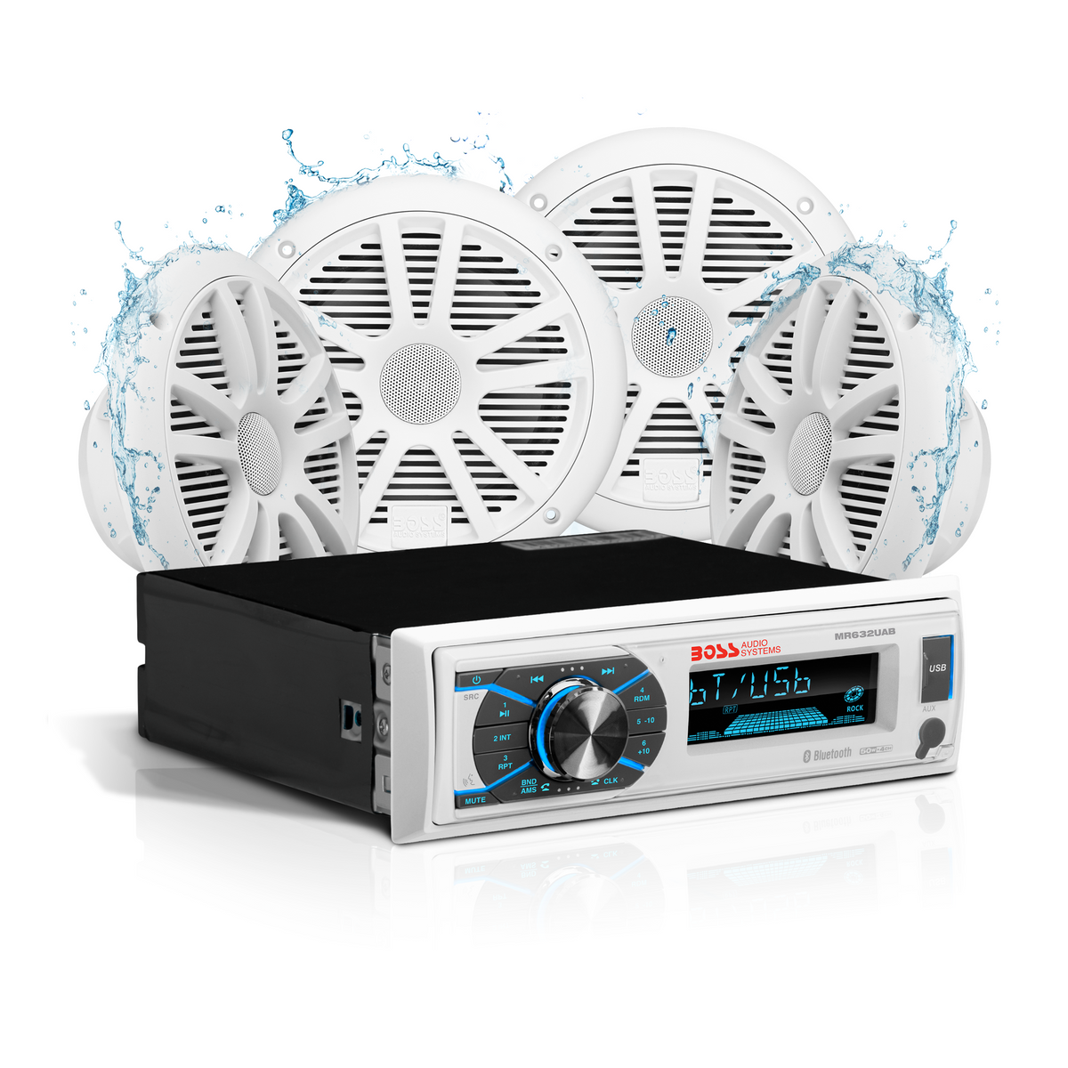 Boss Audio Systems MCK632WB.64 Marine Stereo Package with 4 White 6.5 Inch Speakers, Bluetooth, Single DIN
