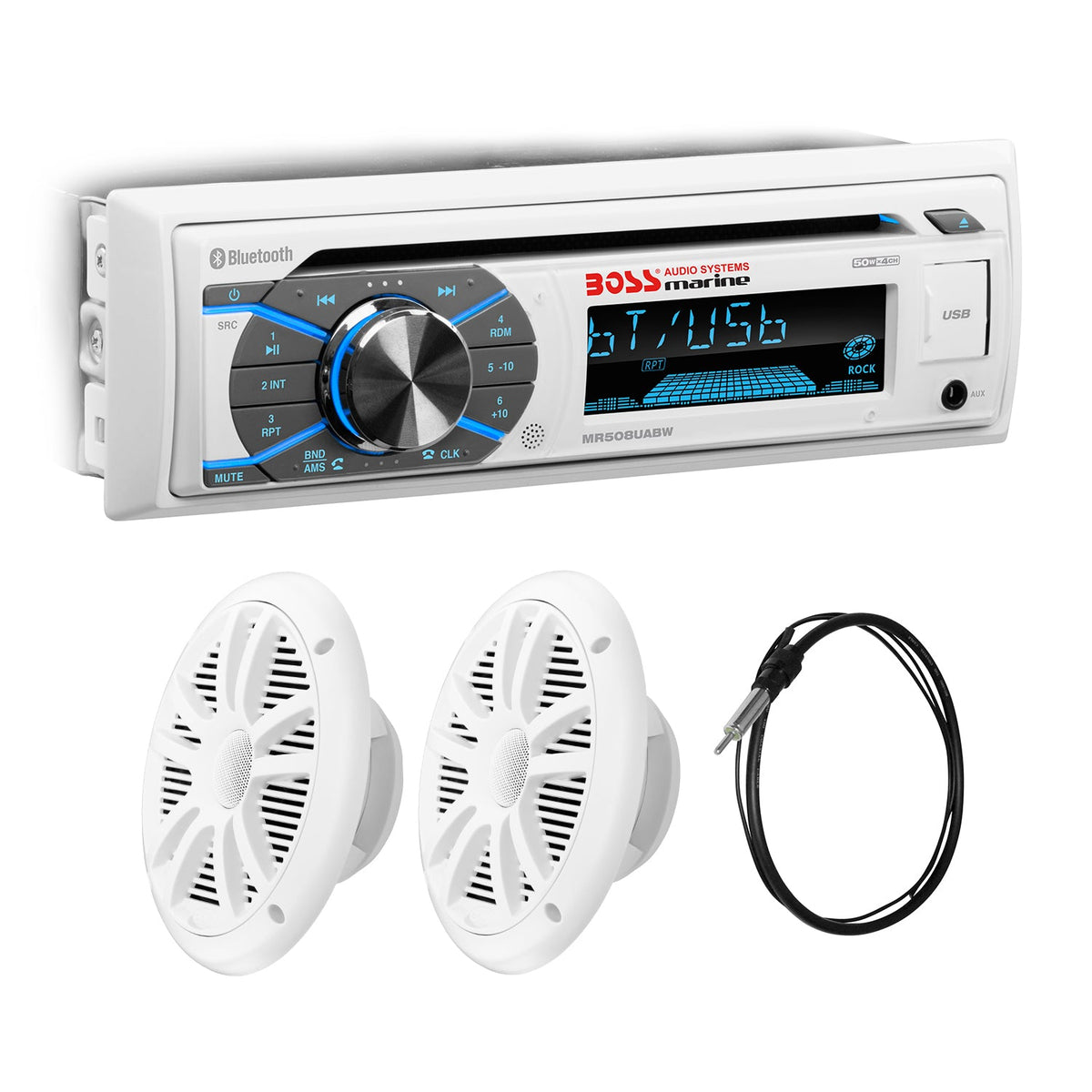 BOSS Audio Systems MCK508WB.6 Single-DIN Marine Bluetooth Stereo Package with 6.5 Inch Speakers and Antenna