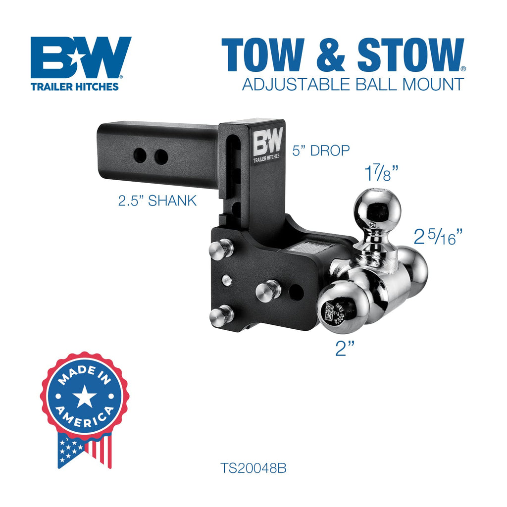 B&W Tow & Stow Adjustable 2-Ball Mount, 2 Inch Hitch, 10,000 lb GTW, Black - Available in 3 Inch to 7 Inch Drop
