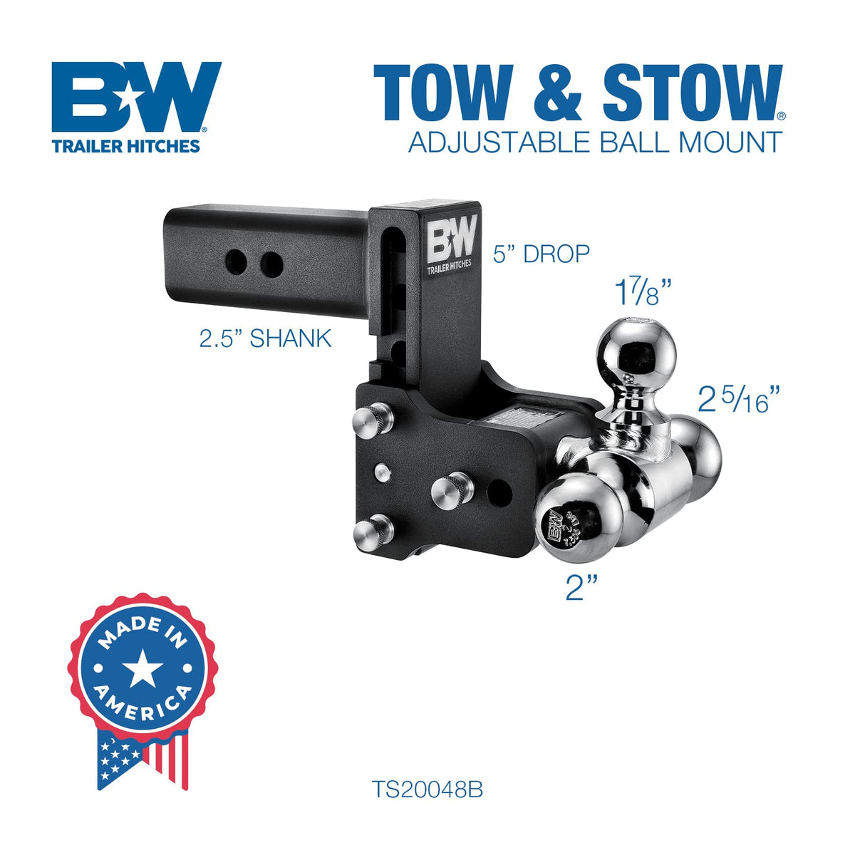 B&W Tow & Stow Adjustable 2-Ball Mount, 2 Inch Hitch, 10,000 lb GTW, Black - Available in 3 Inch to 7 Inch Drop