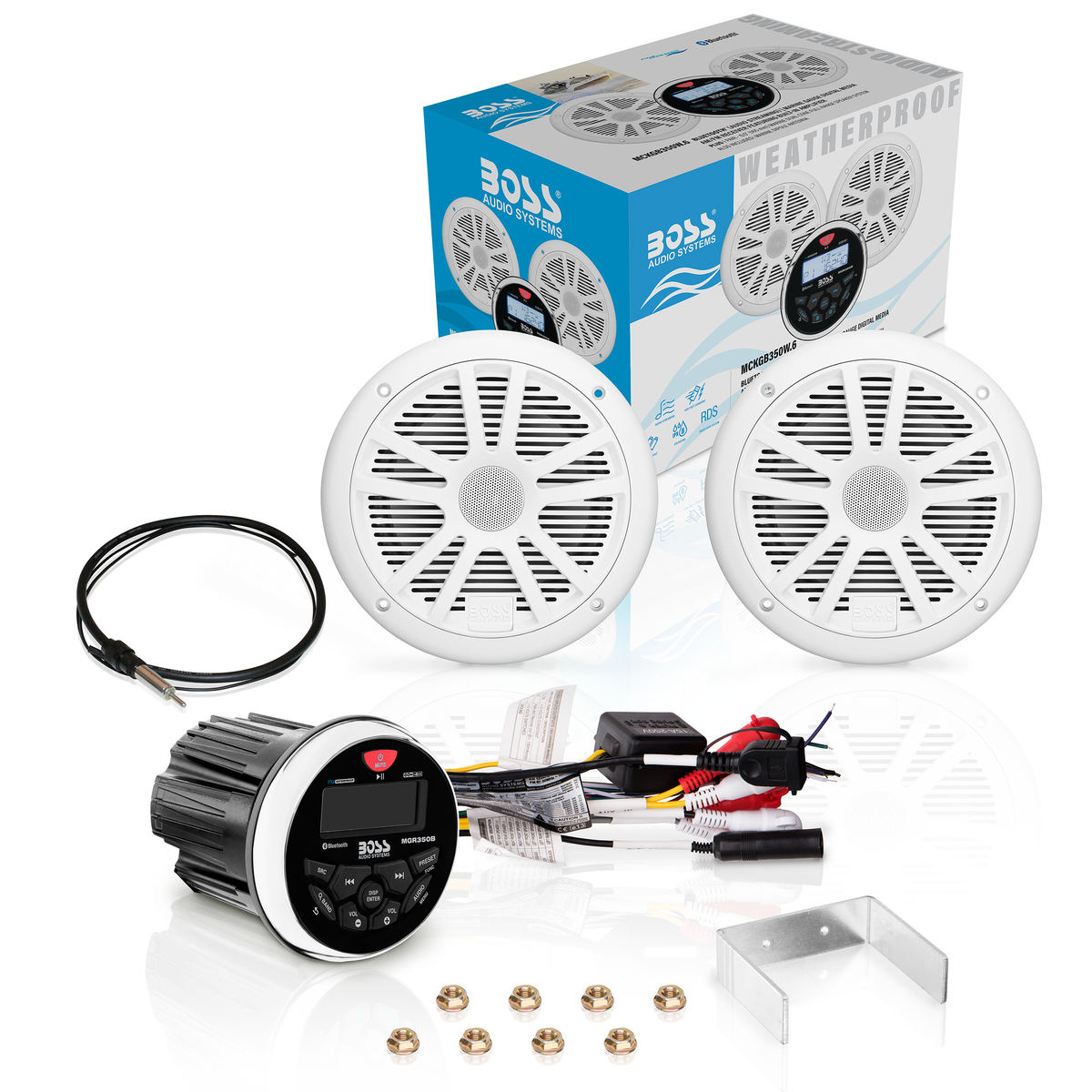 BOSS Audio MCKGB350 Series Weatherproof Marine Gauge Receiver & 6.5" Speaker Package - Bluetooth, Black or White Speakers