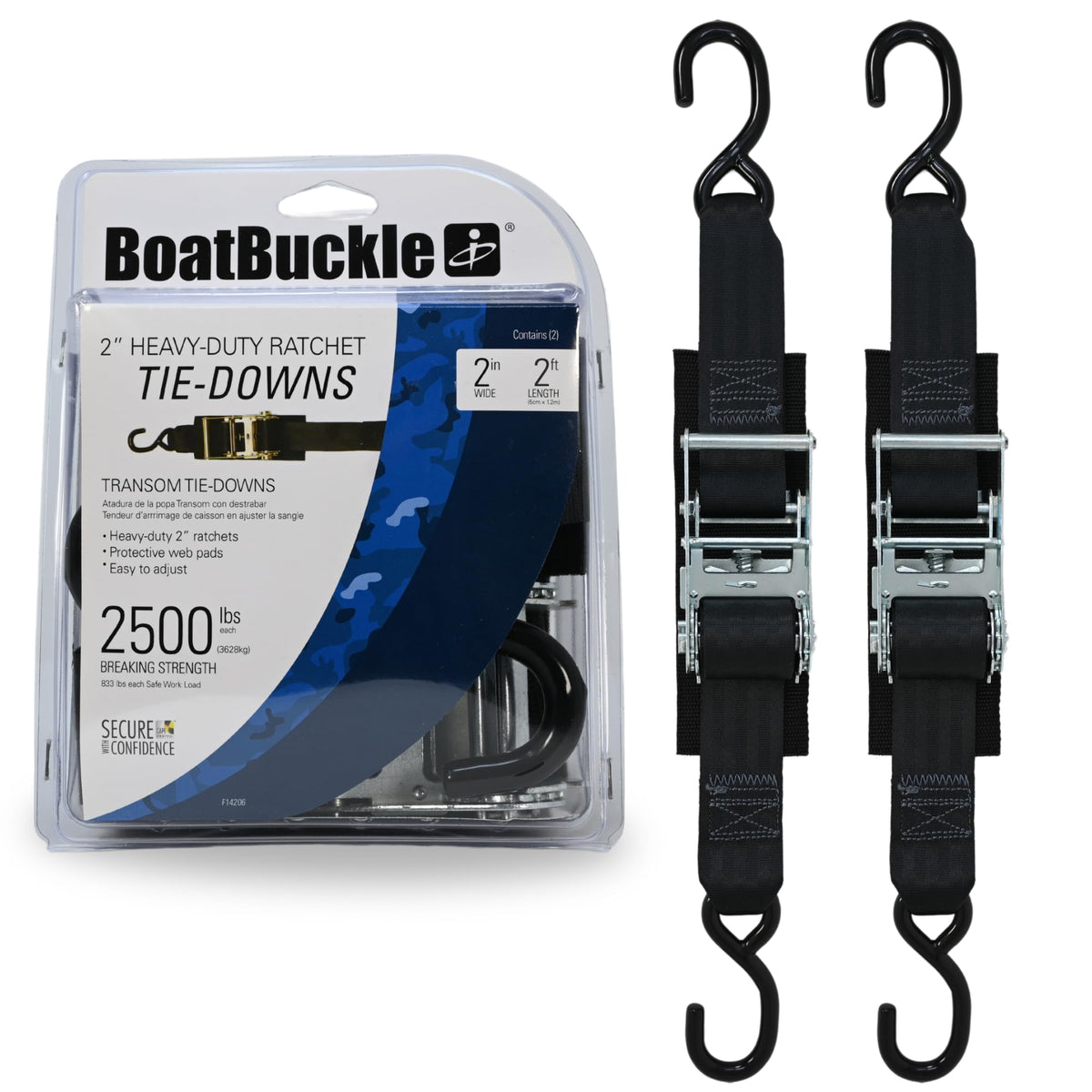 BoatBuckle F14206 Transom Tie-Down Ratchet Straps, 2 Inch x 2 Feet, 2-Pack
