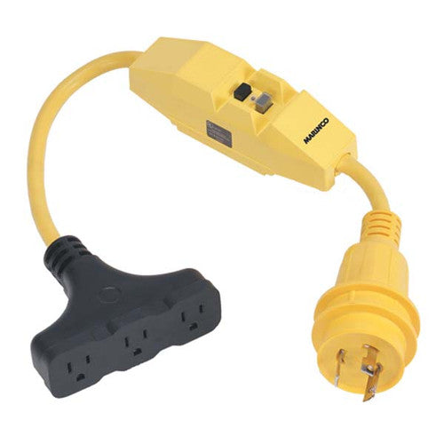Marinco 199128 Pigtail Adapter, 30A 125V Male to 3-Way 15A 125V Female with GFCI