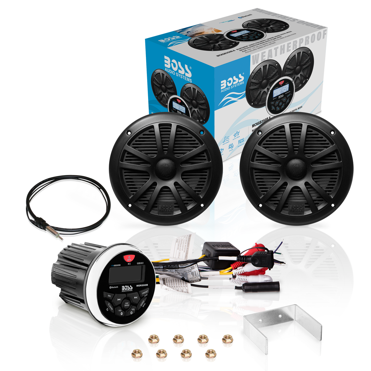 BOSS Audio MCKGB350 Series Weatherproof Marine Gauge Receiver & 6.5" Speaker Package - Bluetooth, Black or White Speakers