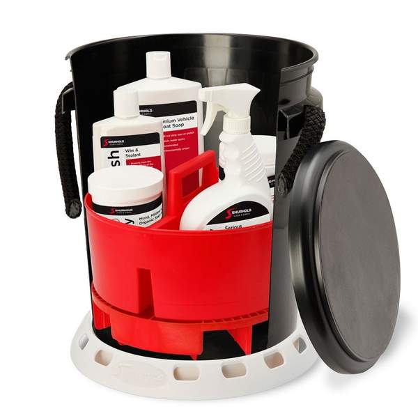 Shurhold Ultimate ONE Bucket System - Black 5-Gallon Detailing Bucket Kit with Lid, Grate, Caddy, Base and Cleaning Chemicals