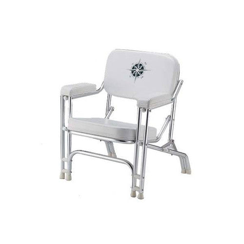 Gen3 Marine Padded Aluminum Folding Deck Chair with Compass Logo, White Vinyl